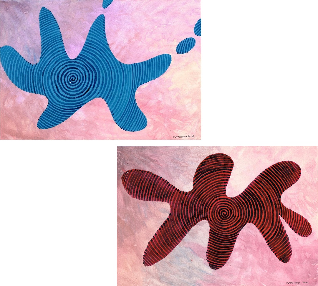 Figuras boiando: Mancha espiral azul e vermelha